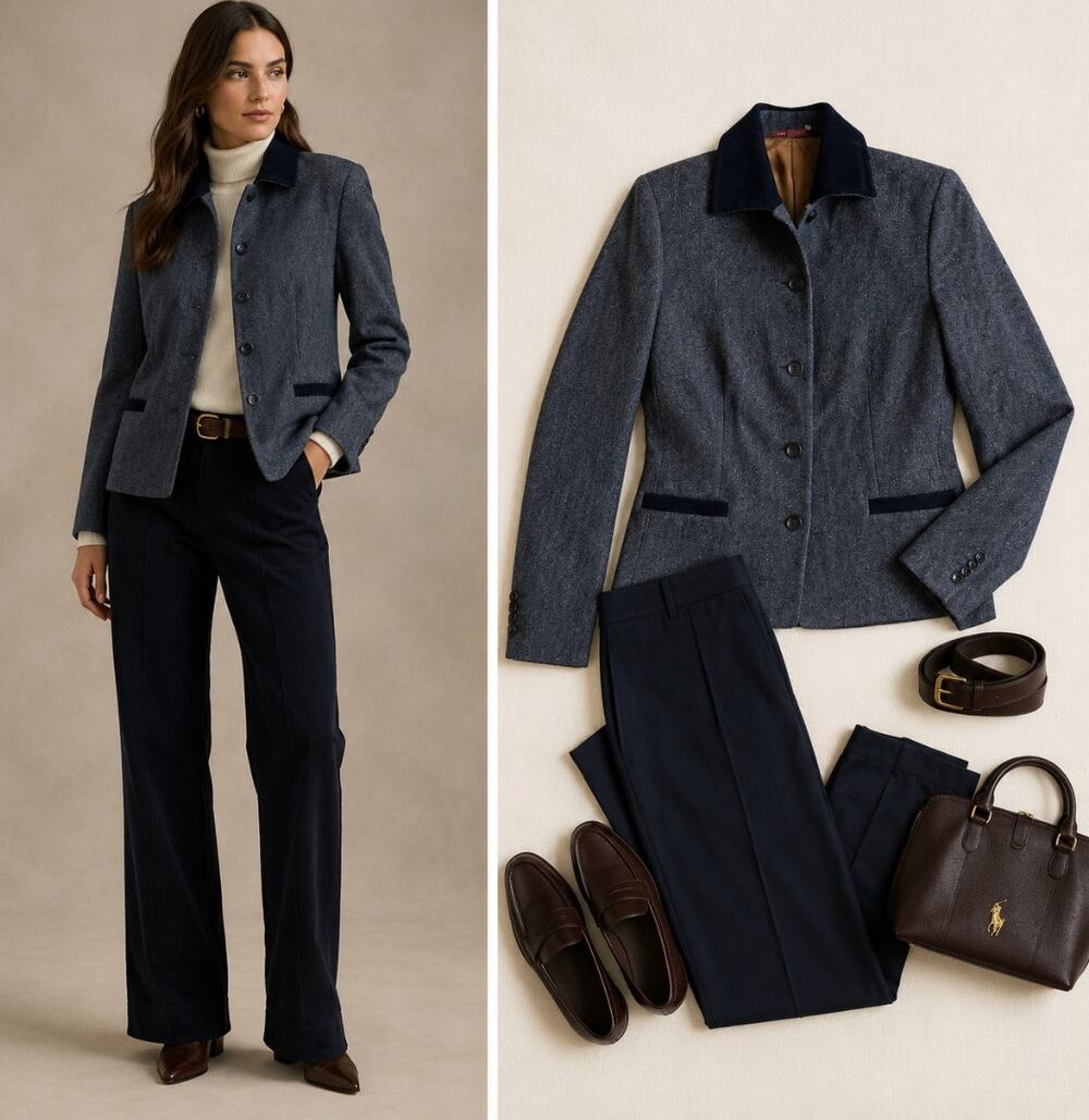 Vintage The Barn Herringbone Grey Wool Blazer Blue Velvet Collar Cuffs